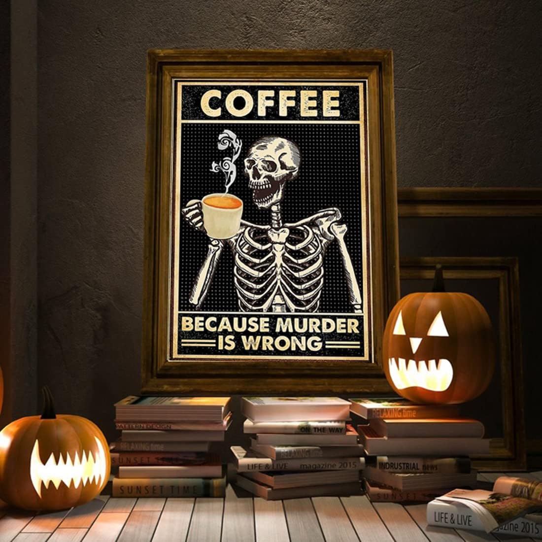 Póster de calavera con diseño de calavera, diseño de calavera gótica vintage con texto en inglés Coffee Because Murder is Wrong, póster para
