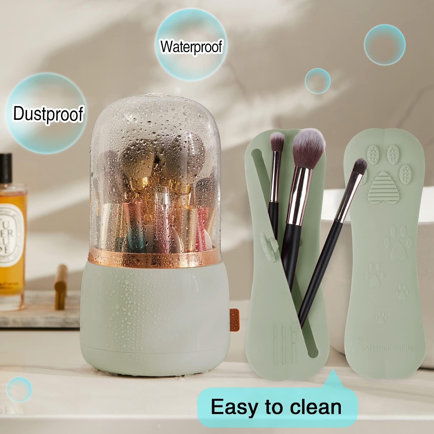 Paquete de 2 soportes para brochas de maquillaje, organizador de brochas de maquillaje acrílico giratorio de 360 grados con tapa, contenedor