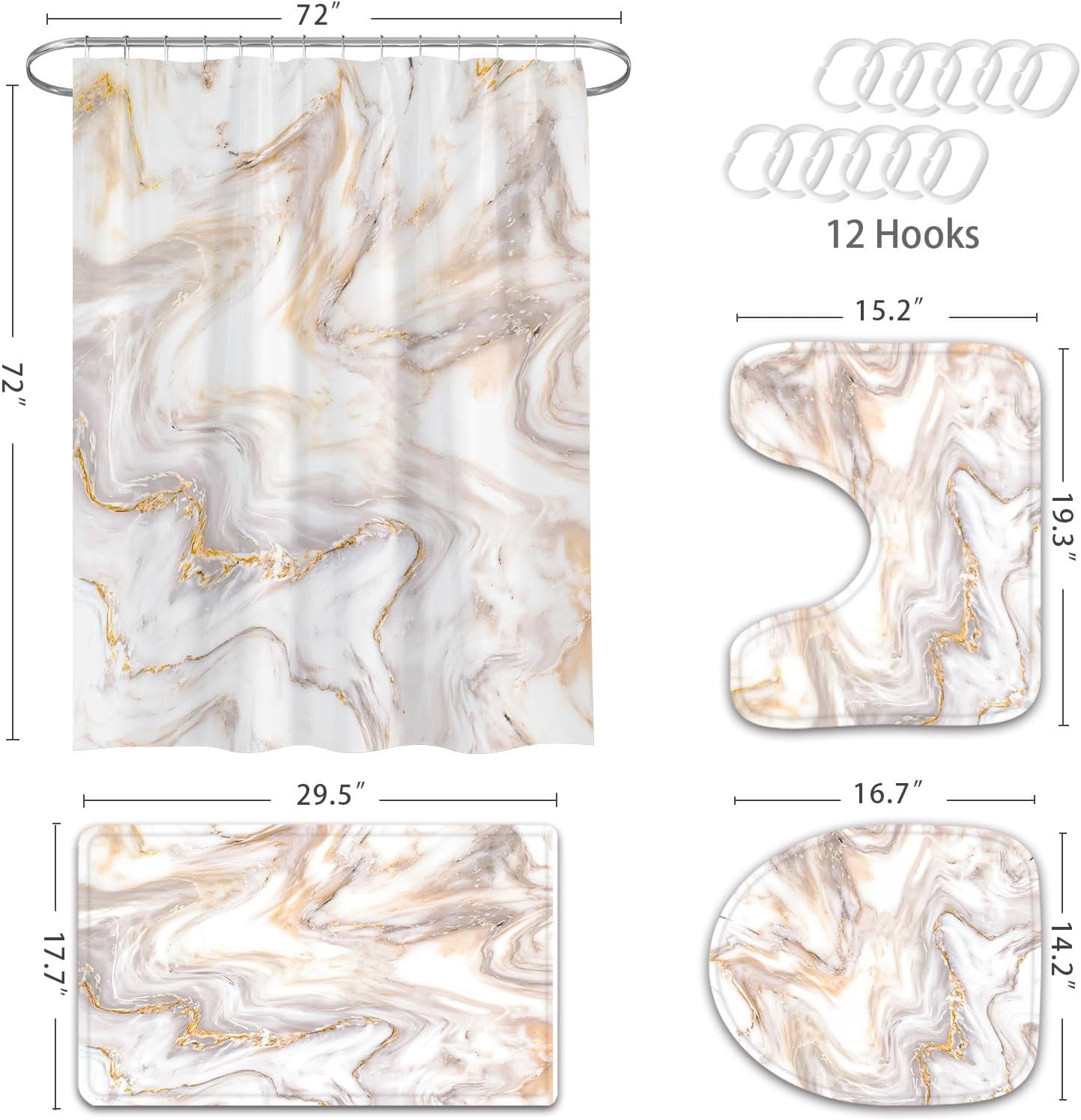 MitoVilla Juego de 4 piezas de baño de mármol de oro rosa con cortina de ducha y alfombras y accesorios, juego de cortinas de ducha de baño