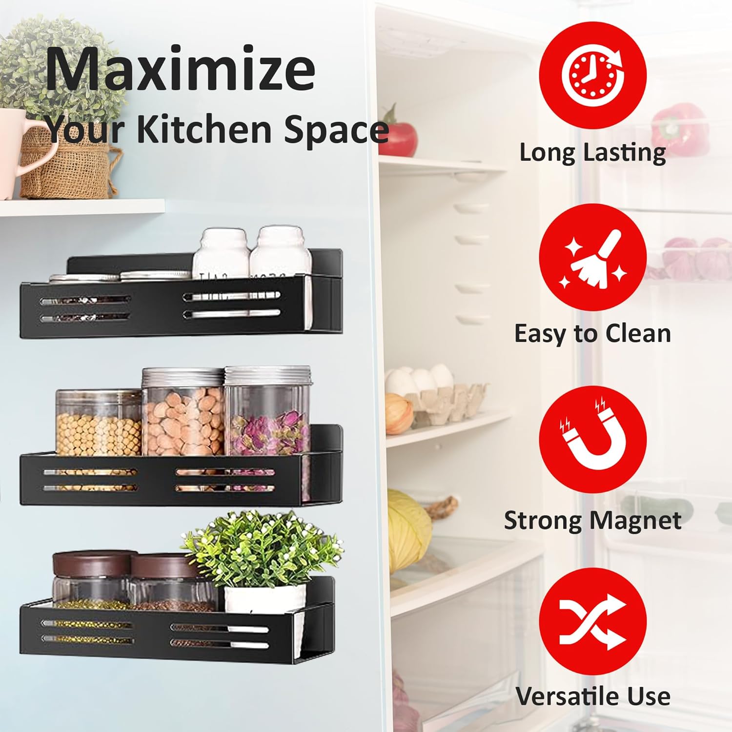 Paquete de 3 organizadores magnéticos para especias para refrigerador con 1 barra de ganchos, organizador magnético para refrigerador con soporte de