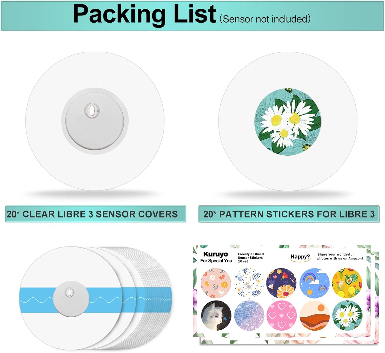 Fundas impermeables para sensor Libre 3 y calcomanías Freestyle Libre, paquete de 40 unidades hipoalergénicas y sin látex, cinta adhesiva