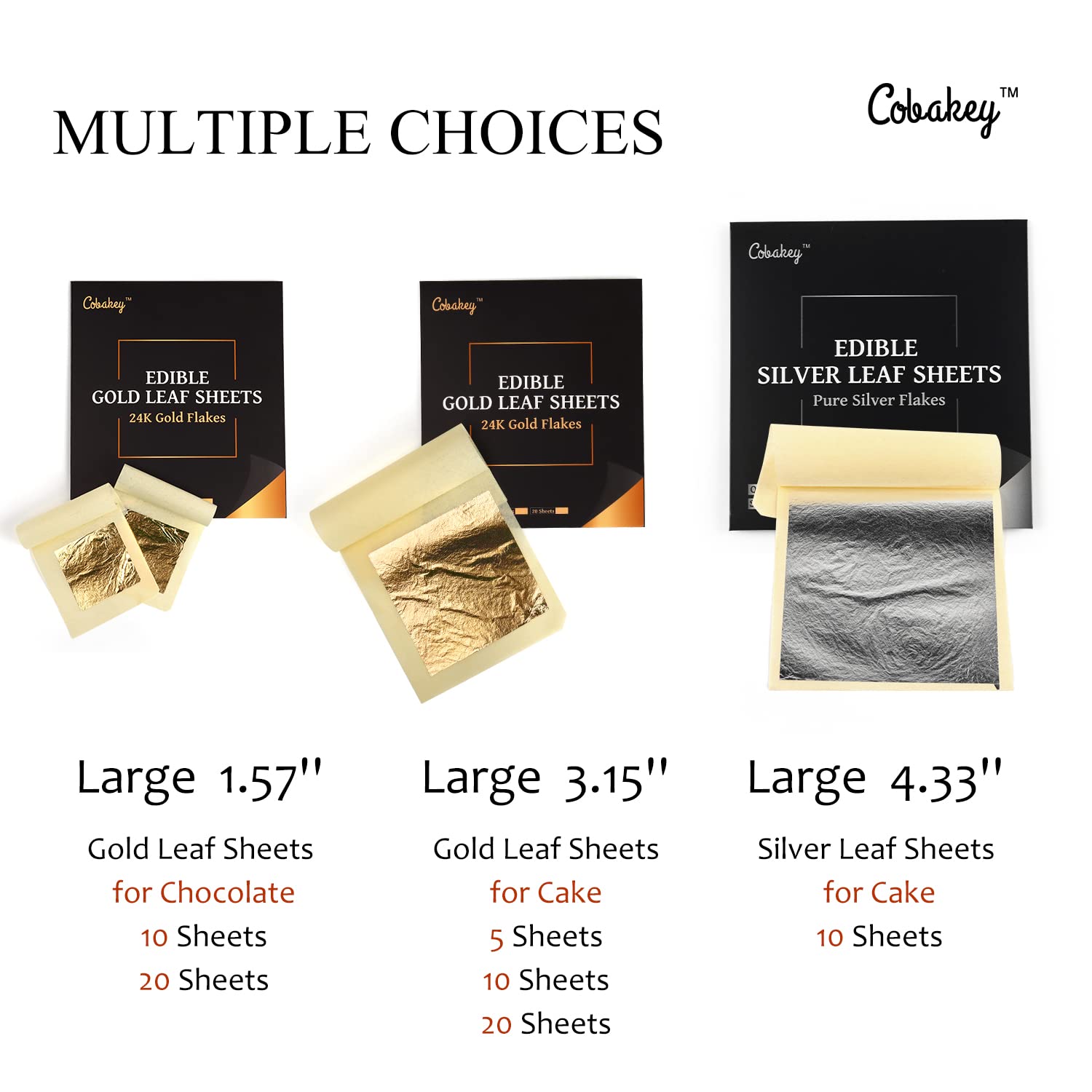 Cobakey Hojas de oro comestibles de 3.15 x 3.15 pulgadas, hojas de oro auténtico de 24 quilates, 5 piezas para decoración de alimentos, bebidas y