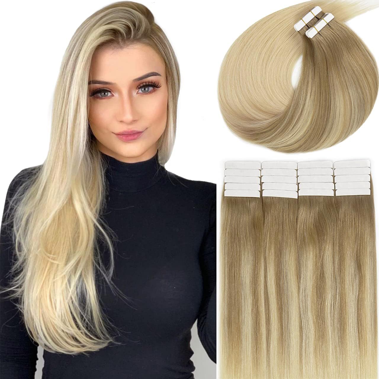 Lacer Extensiones de cabello rubio con cinta adhesiva de doble cara, trama de piel sin costuras, color marrón claro #8, balayage, rubio platino,