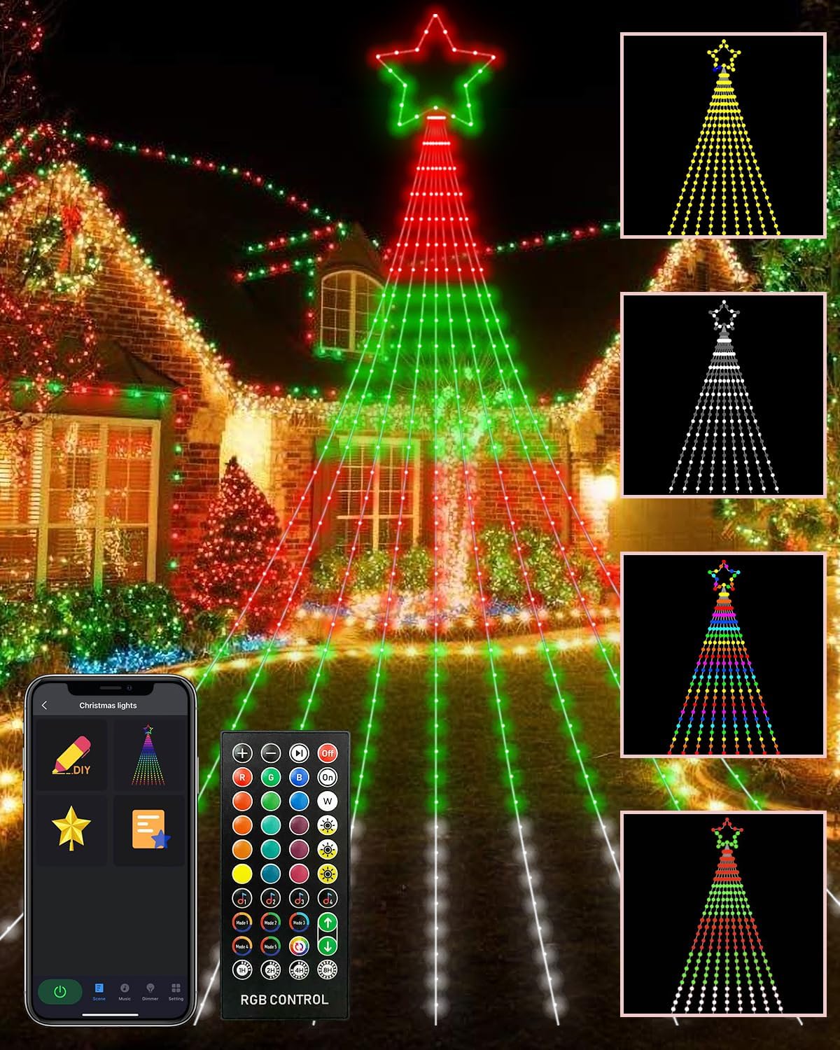 Guirnalda de luces de estrellas para decoración de Navidad al aire libre de 21 pies, luces LED RGB inteligentes para árbol, cascada, escenas