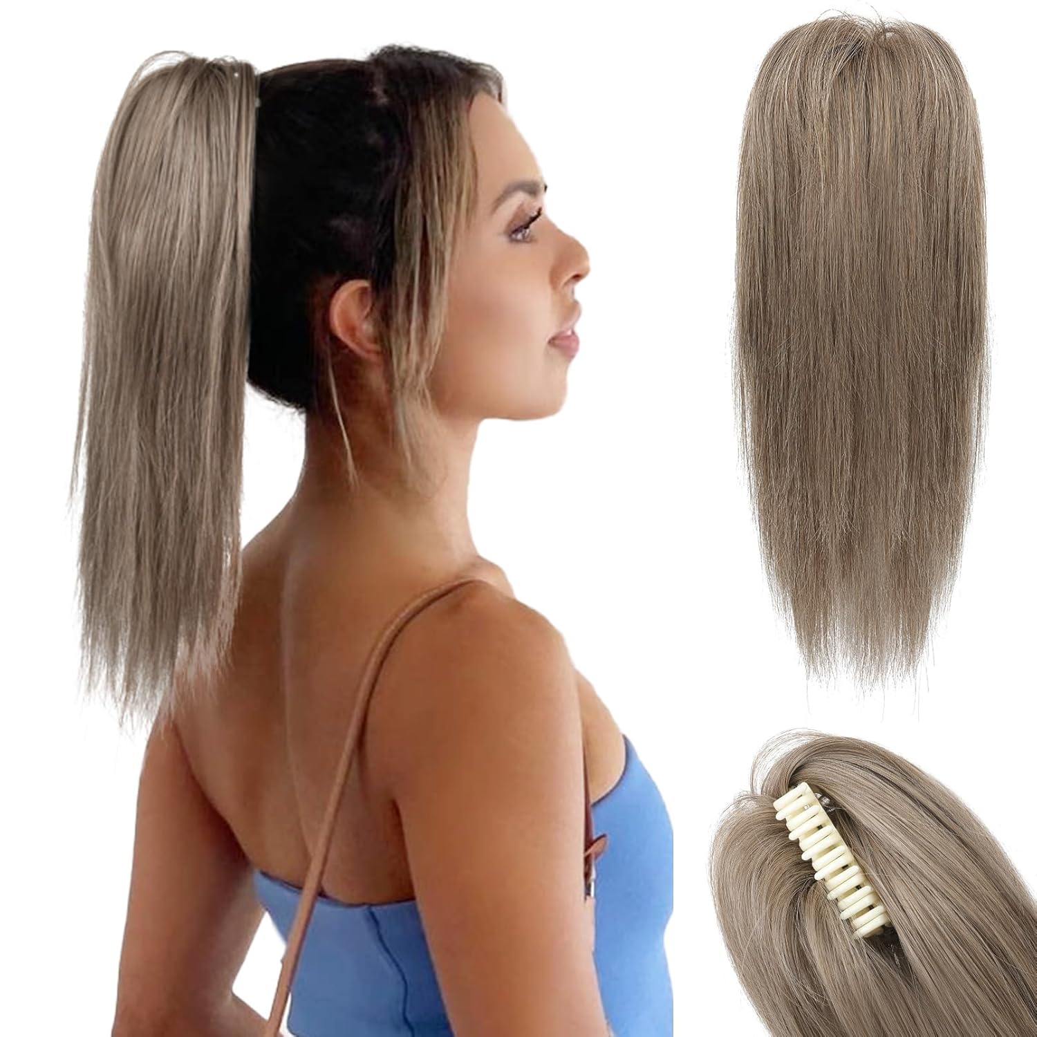 HOOJIH HE027 – Extensión de cola de caballo con clip, de 14 pulgadas, extensiones de cabello lacio con clip de garra, piezas de cabello corto para