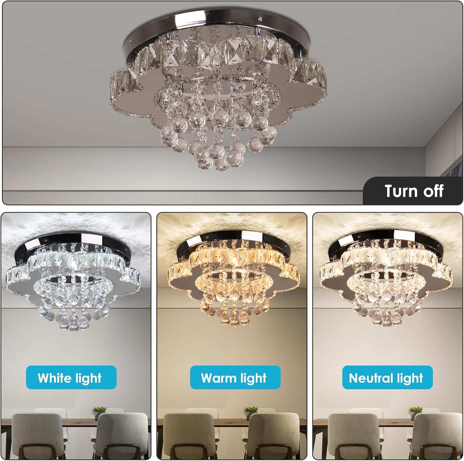 Finktonglan Candelabro LED de cristal moderno de 16 pulgadas, lámpara de techo de montaje empotrado, lámpara de comedor de flores para sala de