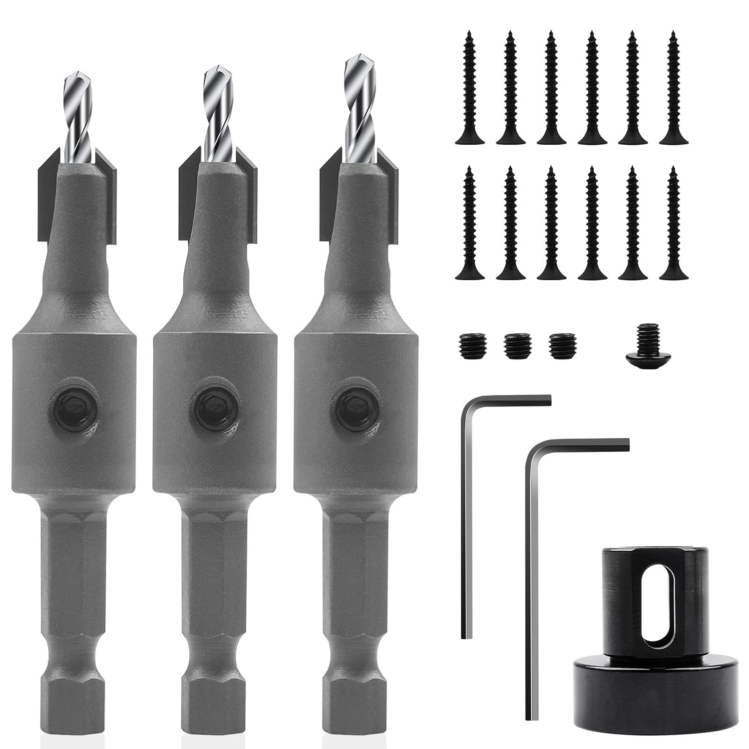 KOWOOD Juego de 3 brocas avellanadas con vástago hexagonal de 14 pulgadas con tope de profundidad ajustable para madera, escariador de carpintería