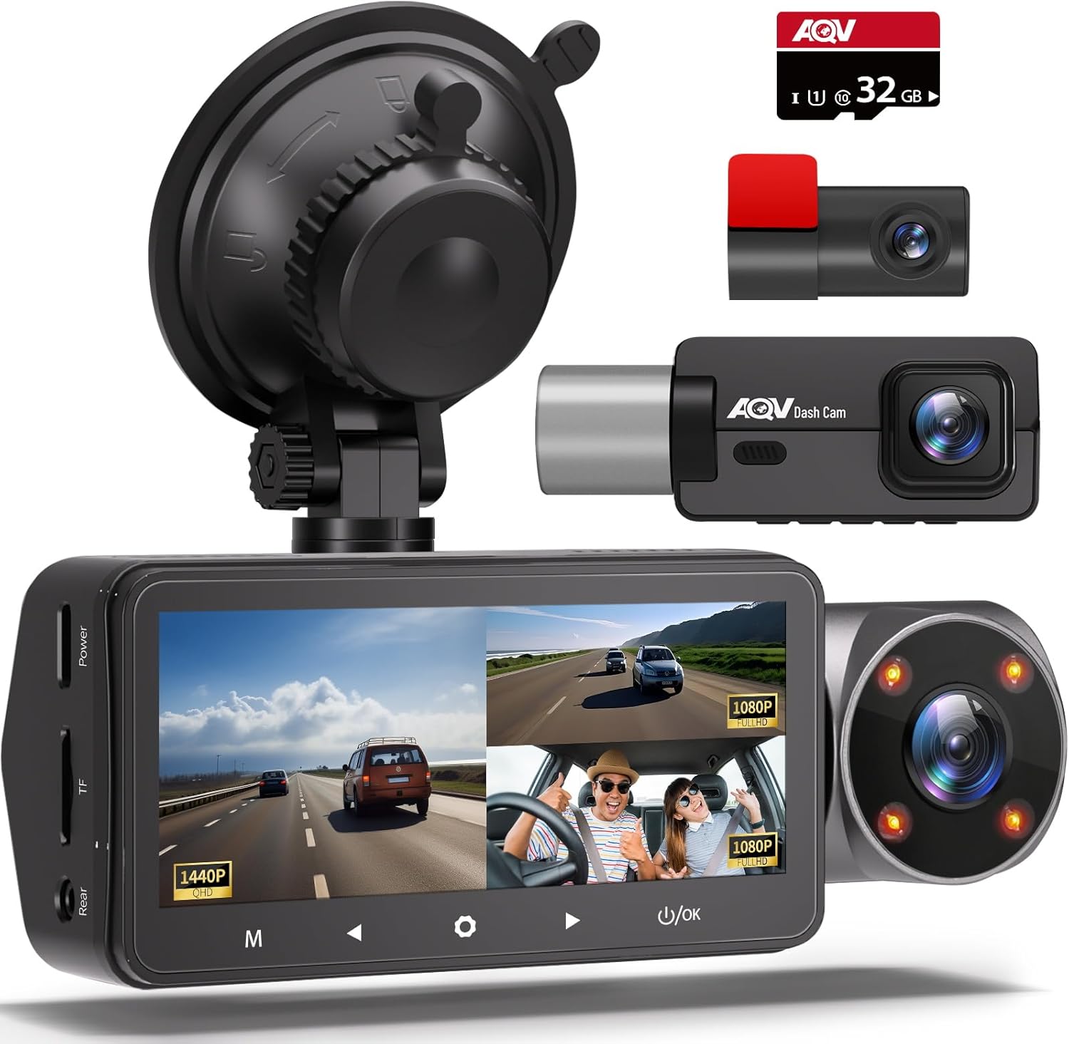 Cámara de salpicadero para automóviles 2K 1440P+1080P+1080P Dashcam frontal, trasera e interior, cámara de coche de 3 canales con visión nocturna