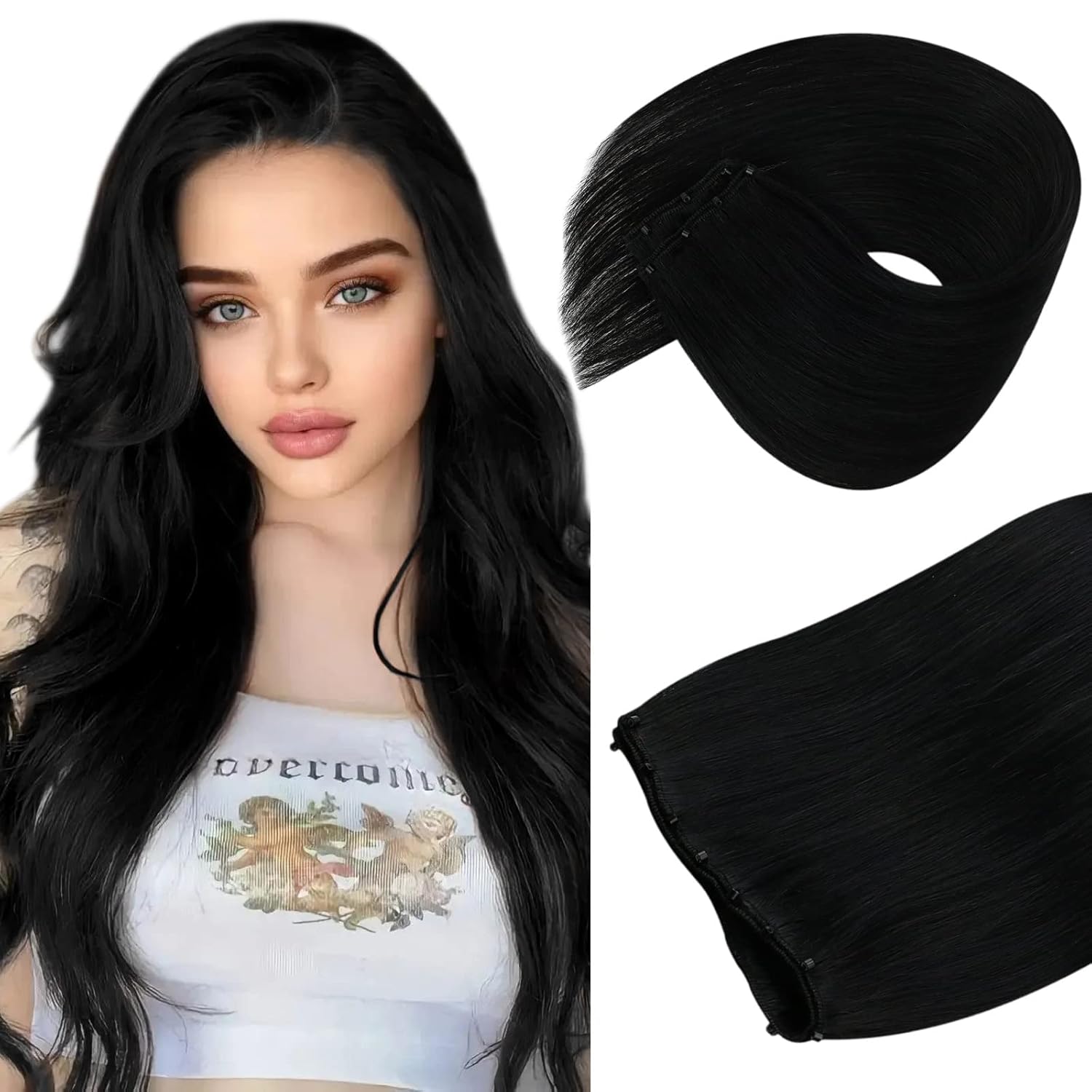 Sunny Extensiones de cabello humano real Remy en trama con microcuentas, color negro azabache, 1.76oz, suaves y sedosas, 20 pulgadas