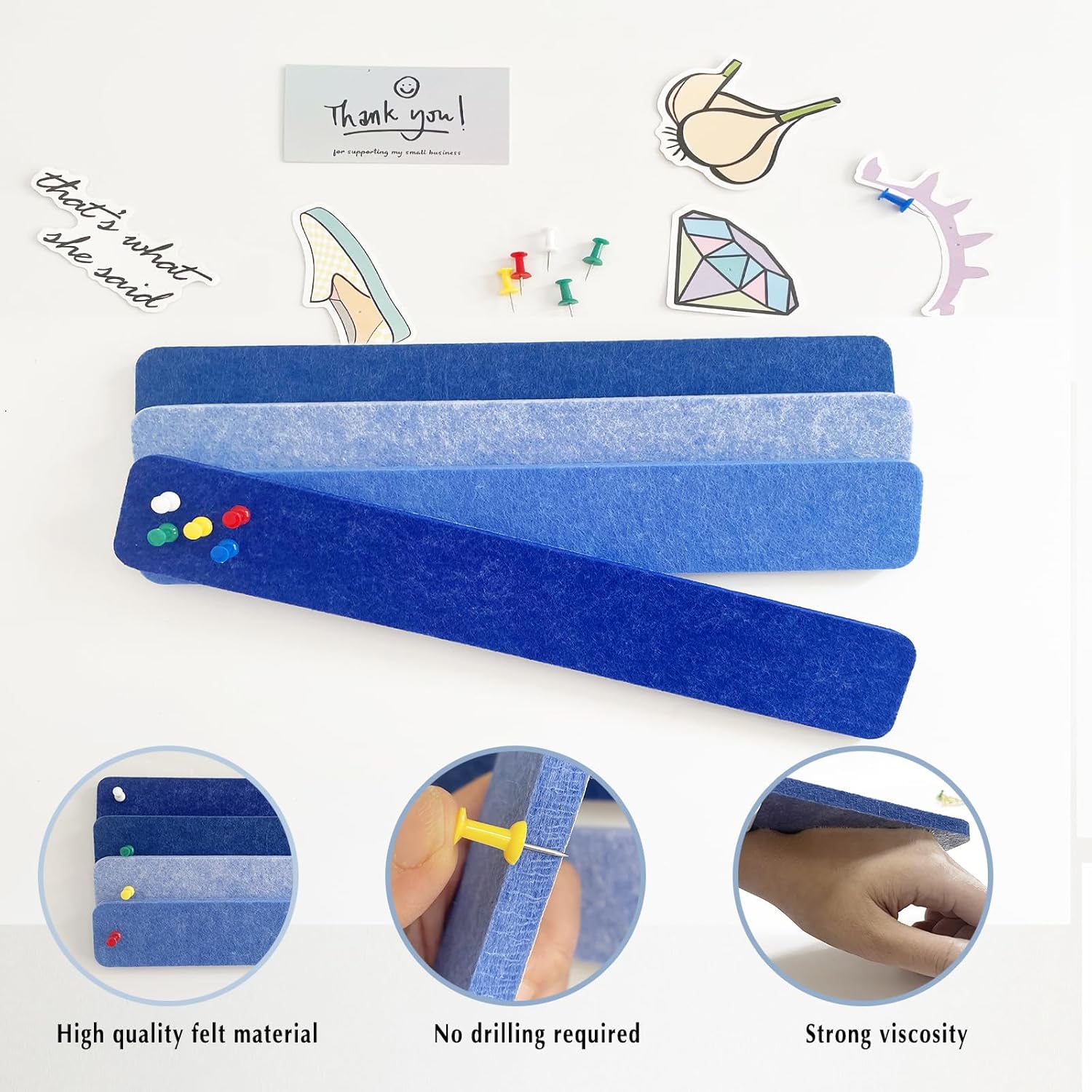 8 tiras de fieltro azul para tablón de anuncios, tiras autoadhesivas para tablón de anuncios, tableros de corcho para paredes con 35 alfileres, para