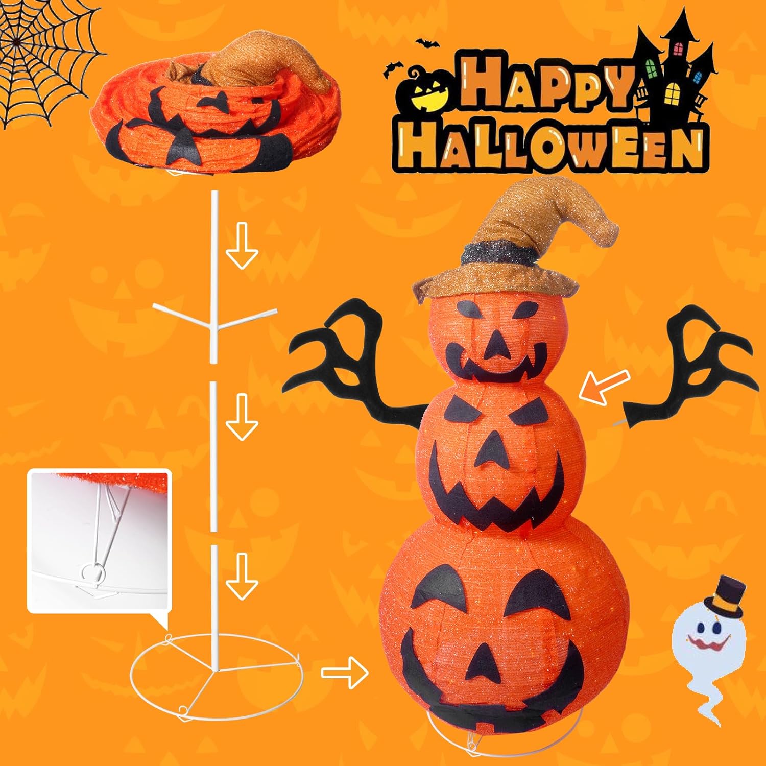 Yumhum Decoraciones de calabaza de Halloween preiluminadas de 3.9 pies para exteriores, para porche, enchufar 120 luces LED naranjas, 8 modos de