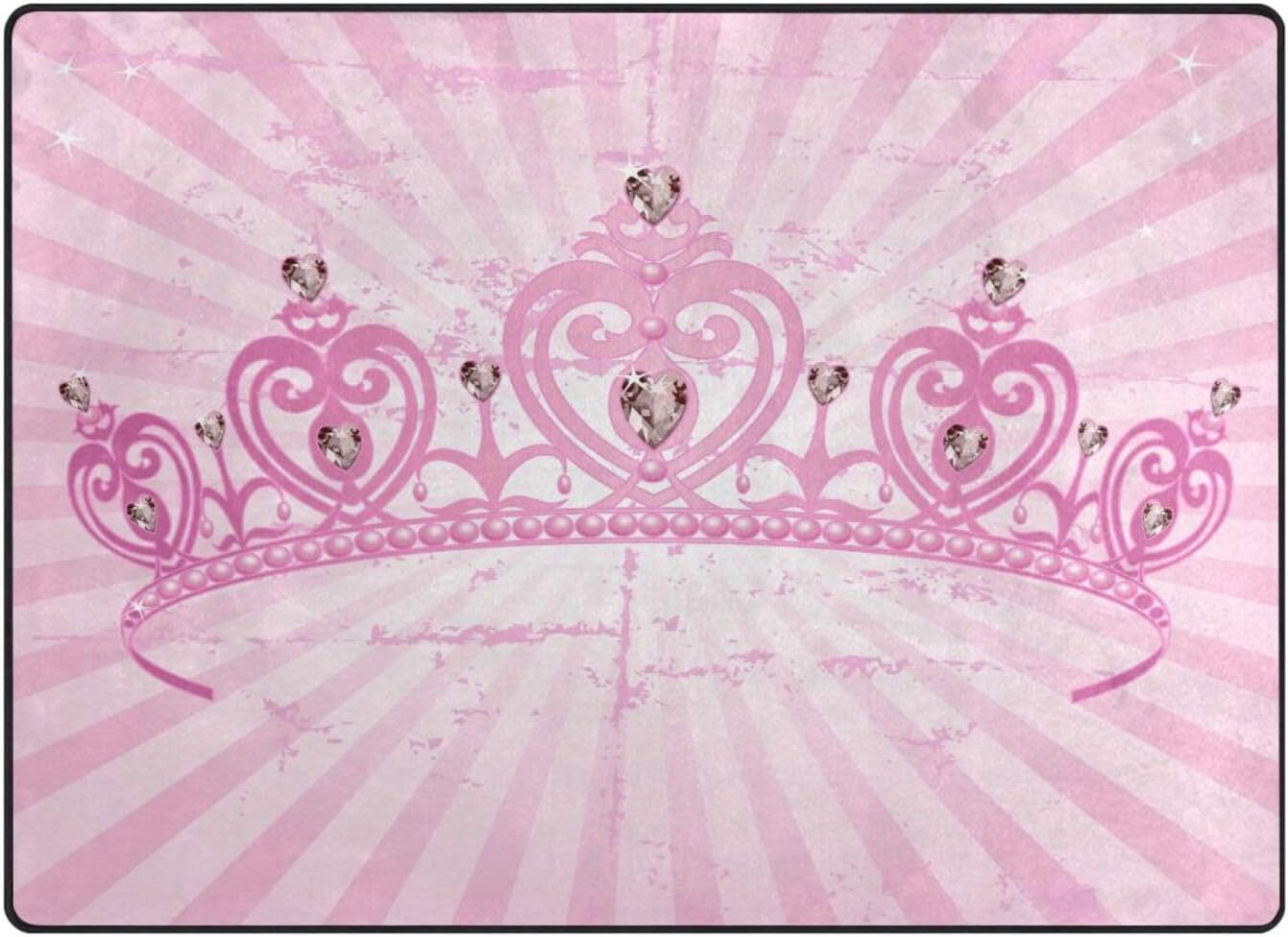 ALAZA Alfombra de área rosa con corona de princesa para sala de estar, dormitorio, alfombra antideslizante para decoración del hogar, 5.3 x 4 pies