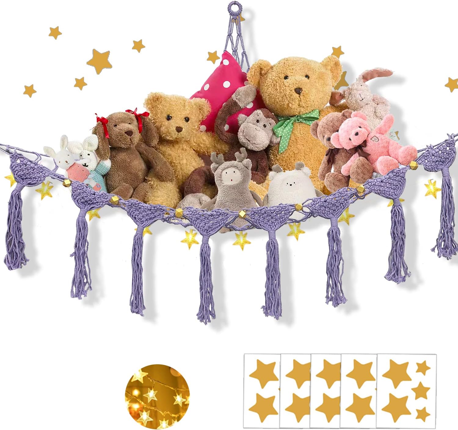 Salamanda Red de animales de peluche o hamaca con calcomanía de pared y luz LED de estrella, hamaca de juguete bohemia colgante de red de