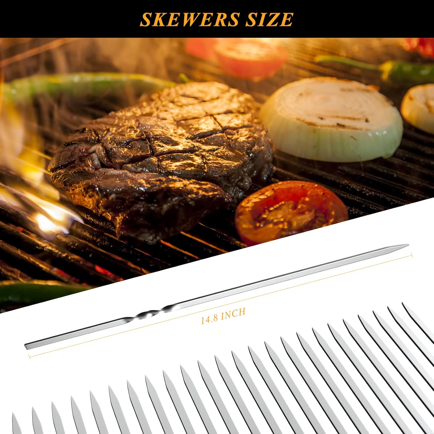 50 brochetas de metal plano para barbacoa de 14.8 pulgadas de largo de acero inoxidable, palitos de kebob anchos reutilizables para cocinar al aire