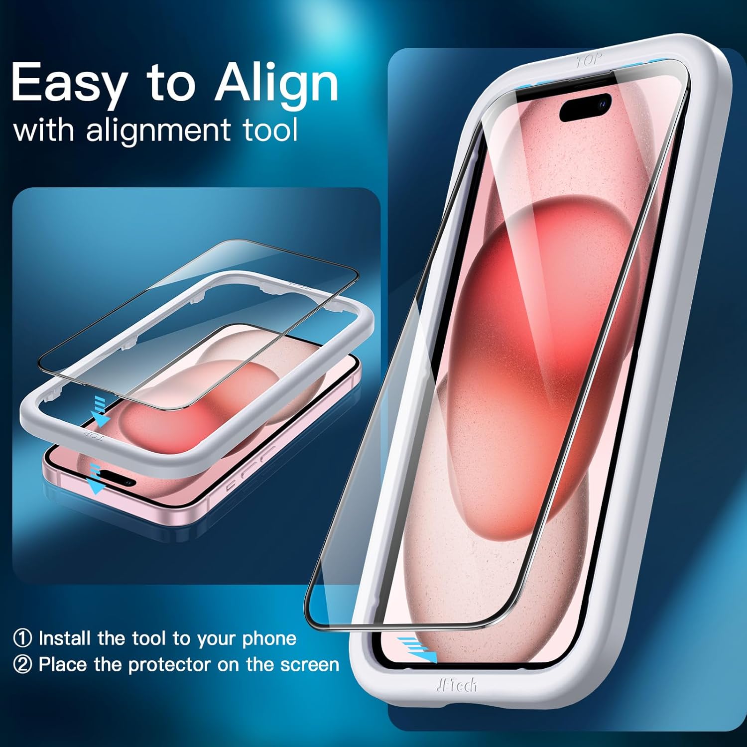 JETech Protector de pantalla de cobertura completa para iPhone 15 de 6.1 pulgadas, película de vidrio templado con borde negro con herramienta de