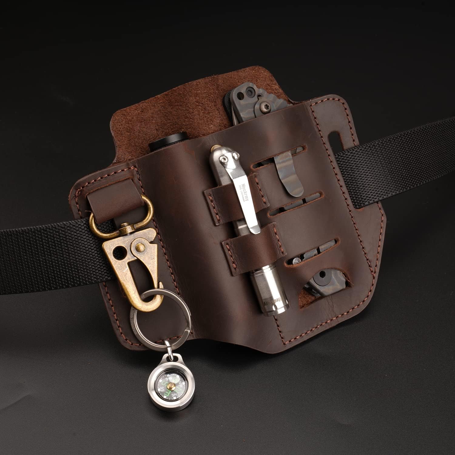 VIPERADE PJ13 Funda multiherramienta de cuero para cinturón, organizador de cinturón EDC de cuero para multiherramientas, linterna, bolígrafo, funda