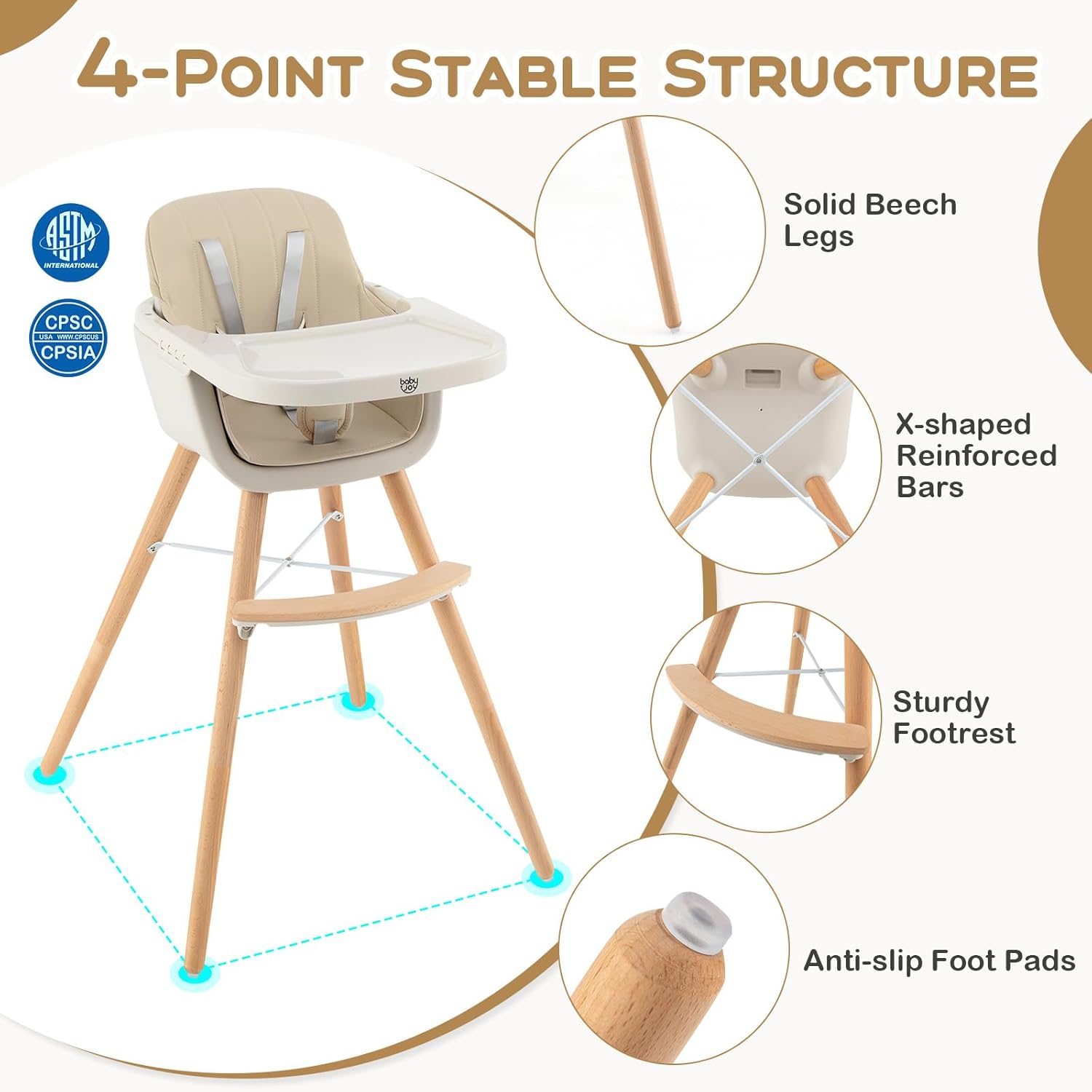 BABY JOY Silla alta convertible para bebé, silla alta de madera 3 en 1 con bandeja extraíble, patas ajustables, arnés de 5 puntos, cojín de