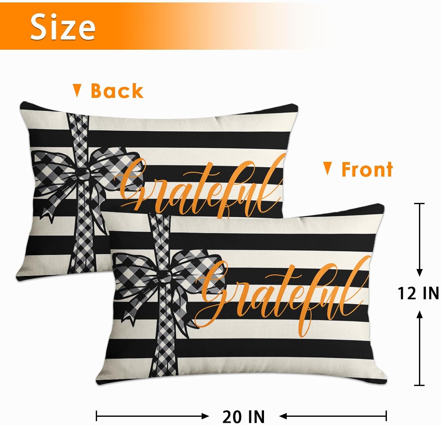 Funda de almohada de otoño con lazo a rayas blancas y negras, decoración de casa de campo, rectangular, de lino, para el hogar, 12 x 20 pulgadas