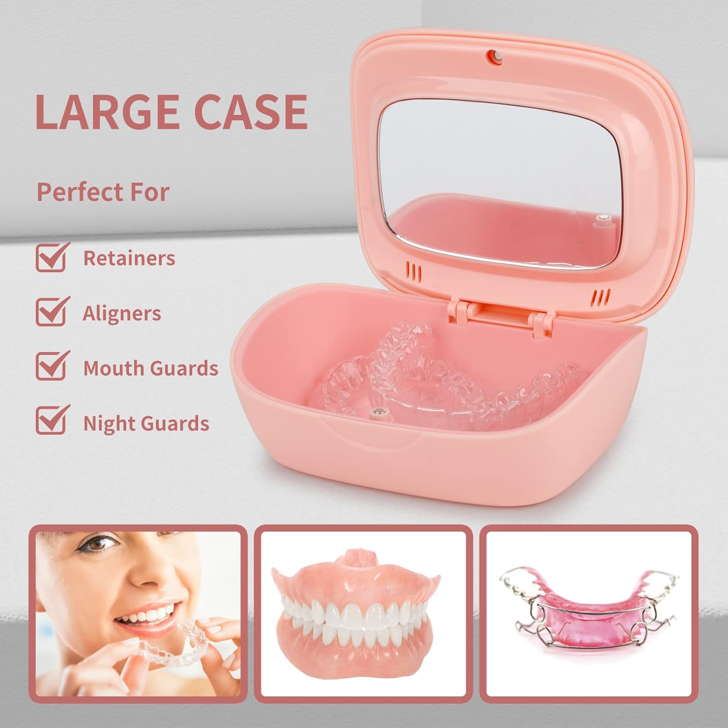 Taza de caja de baño para dentaduras postizas, con espejo, kit de frenillos dentales, estuche de retención portátil, soporte de caja de