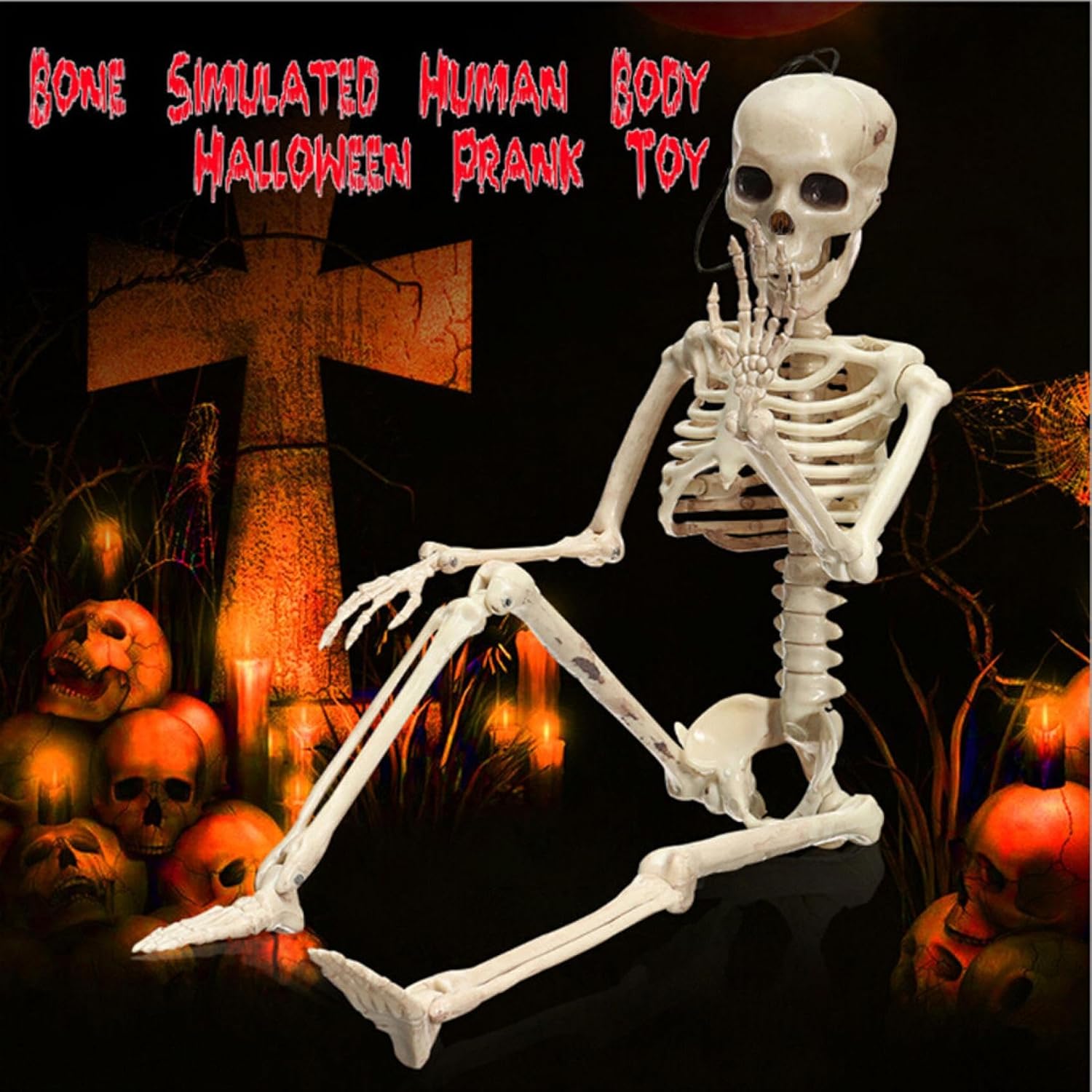Esqueletos humanos de tamaño real para Halloween, esqueletos para adultos, huesos humanos de plástico con articulaciones móviles (blanco)