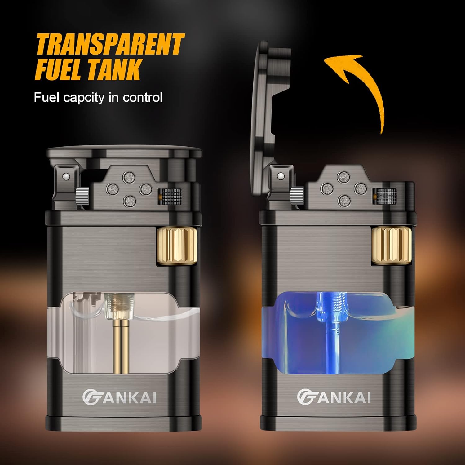 FANKAI – Encendedor de butano con luz LED, encendedor de butano de un solo chorro con 6 pedernales reemplazables, encendedores fríos recargables con
