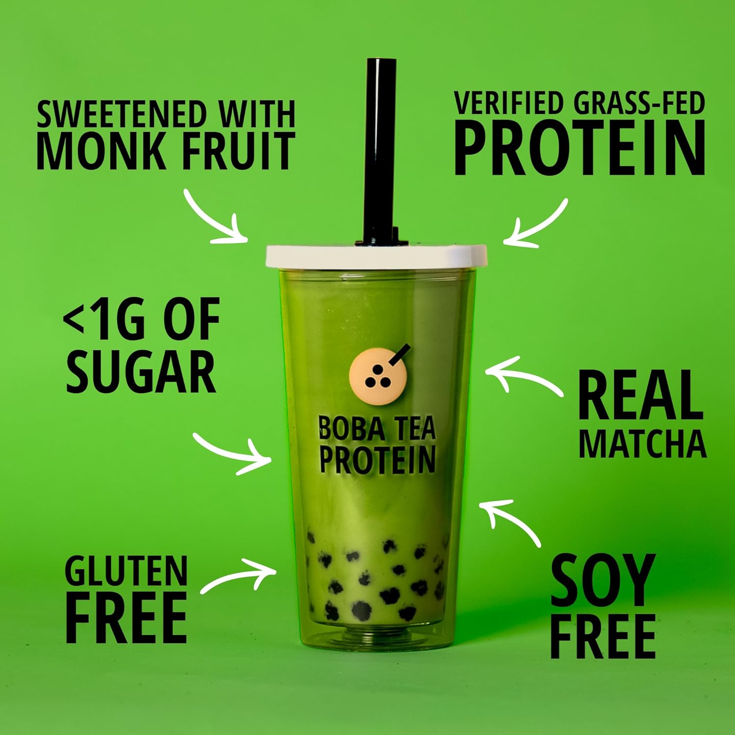 Boba Tea Protein Matcha Latte  25g Grass-Fed Whey Protein Isolate Powder  Gluten-Free & Soy-Free Bubble Tea Protein Drink  Real Ingredients &