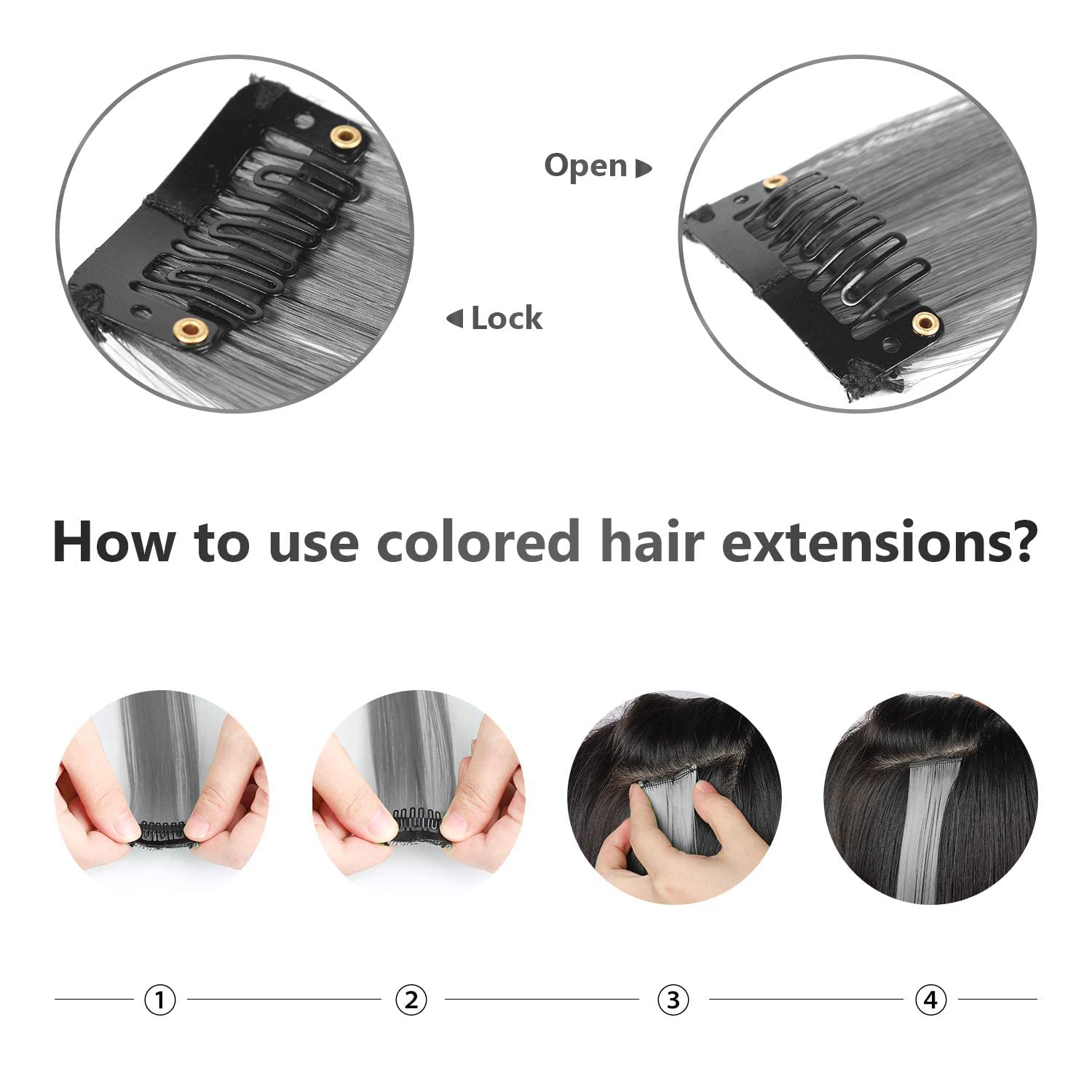 15 extensiones de cabello sintético de colores, multicolor, con reflejos, para fiestas, de 20 pulgadas (negro, gris, blanco, gris, gris claro)