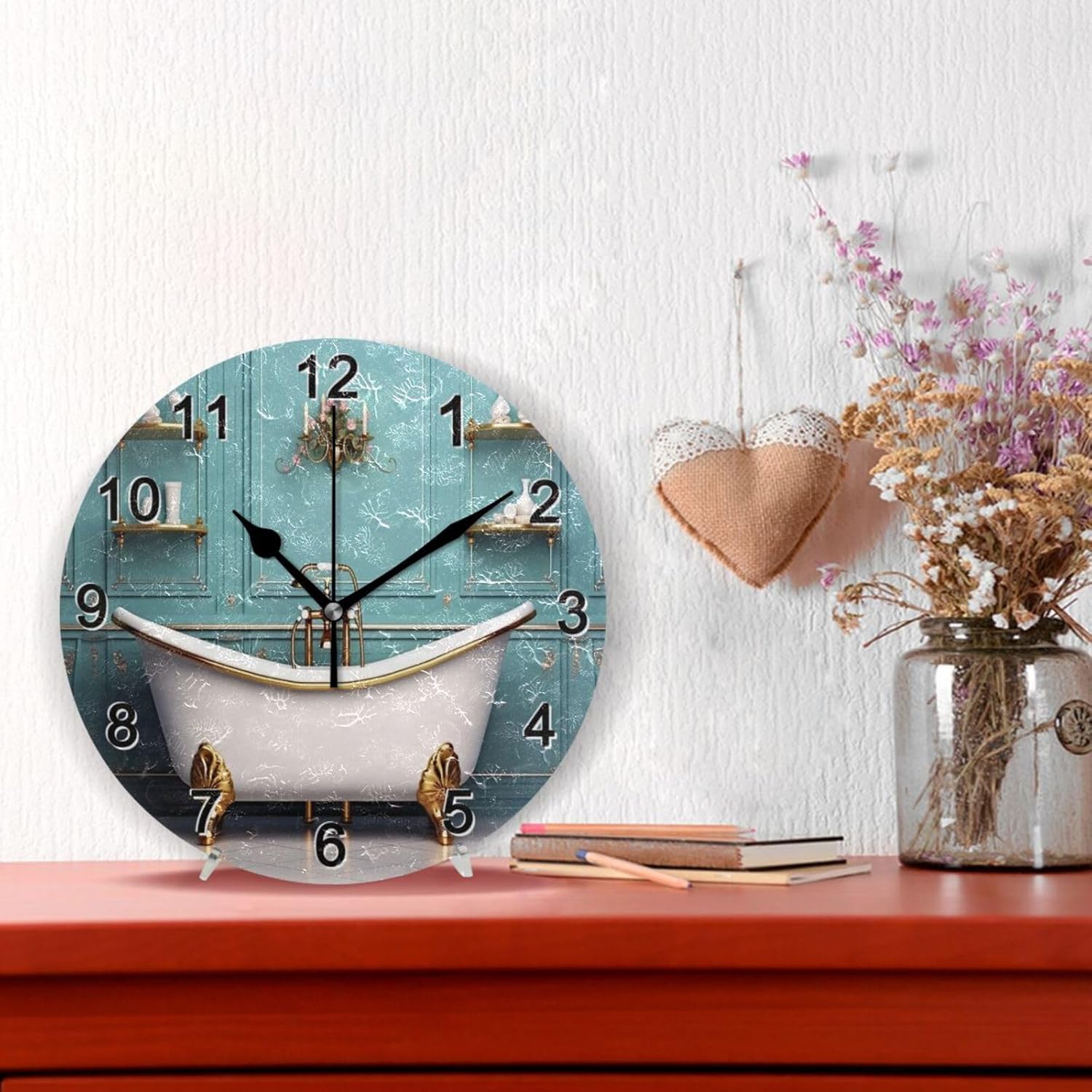 CHIFIGNO Reloj de pared redondo de baño verde azulado, relojes creativos de doble propósito, reloj de pared redondo que funciona con pilas, reloj de