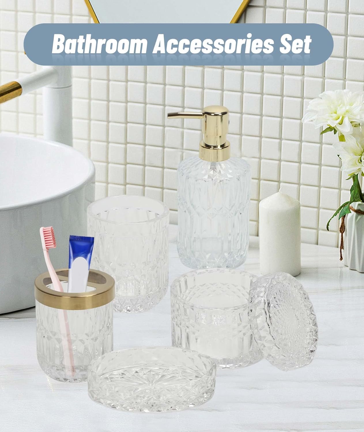 Juego completo de 5 accesorios de baño blancos, soporte para cepillo de dientes, vaso, dispensador de loción, jabonera, frascos de hisopos de