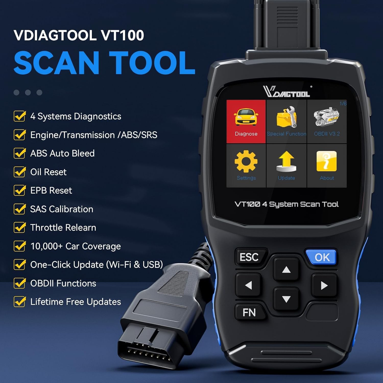 VDIAGTOOL Herramienta de escaneo VT100 con ABS, SRS, motor, diagnóstico de transmisión, 5 servicios, ABS BleedOil RestetEPBSASThrottle Relearn OBD2