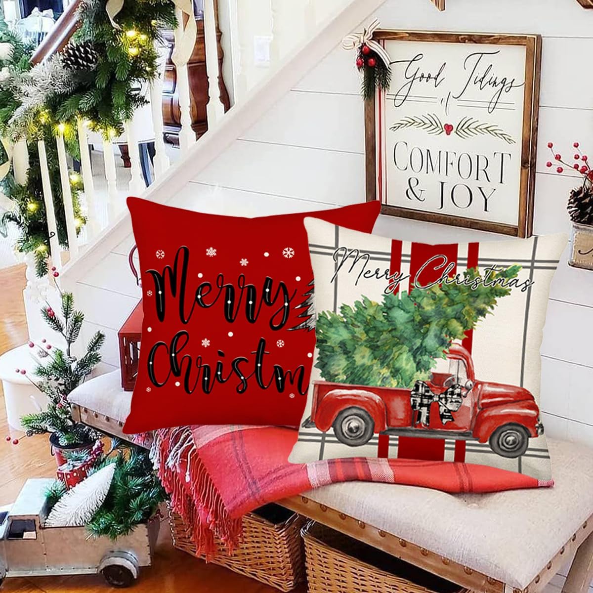 Juego de 4 fundas de almohada con diseño de árbol de Navidad, muñeco de nieve de 22 x 22 pulgadas, color rojo y blanco, decoración de Navidad,