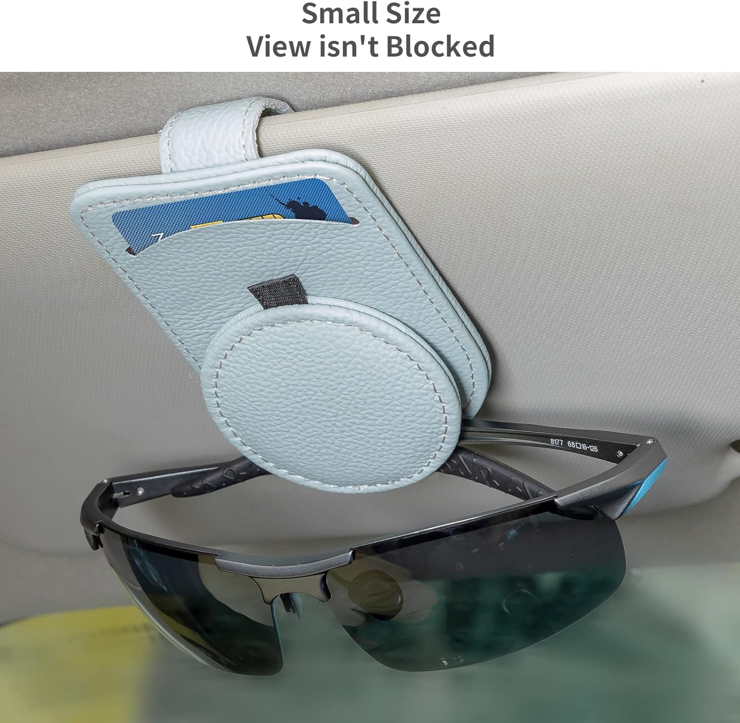 Soporte para lentes de sol para visera solar de automóvil, clip de tarjeta de boleto de cuero, soporte magnético para anteojos (1 unidad, gris)