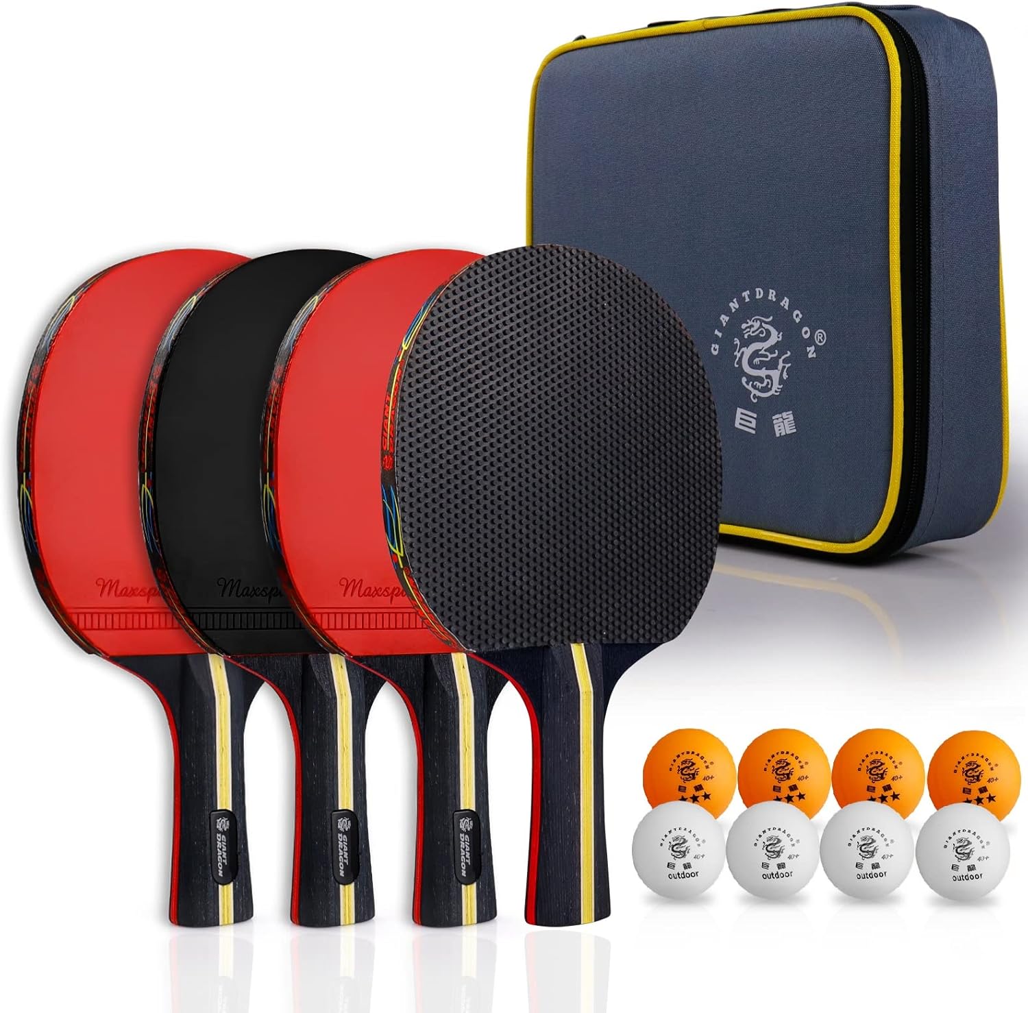 Juego de 4 palas de ping pong, palas de tenis de mesa de 5 capas con 8 pelotas y estuche de transporte, raquetas de goma de esponja suave y pelotas