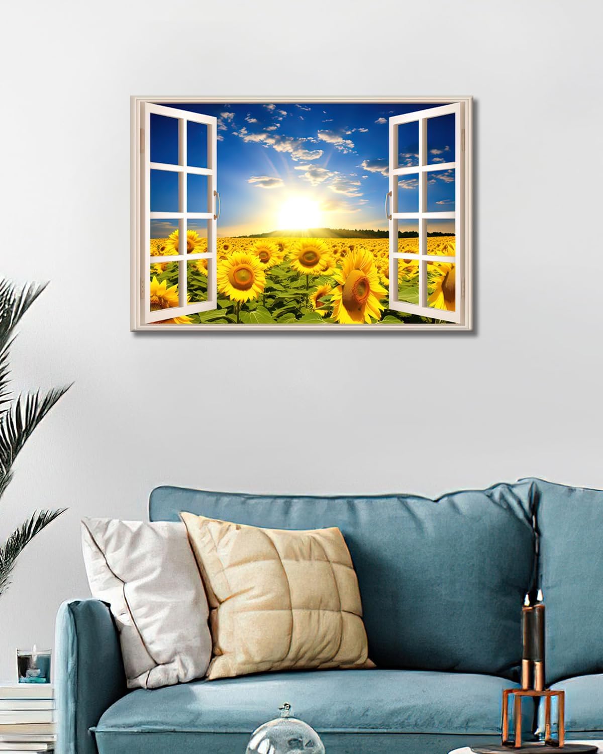 GLOKAKA Decoración artística de pared de girasol, vista de campo de girasol y paisaje de cielo azul, arte de pared de naturaleza, cuadros de flores