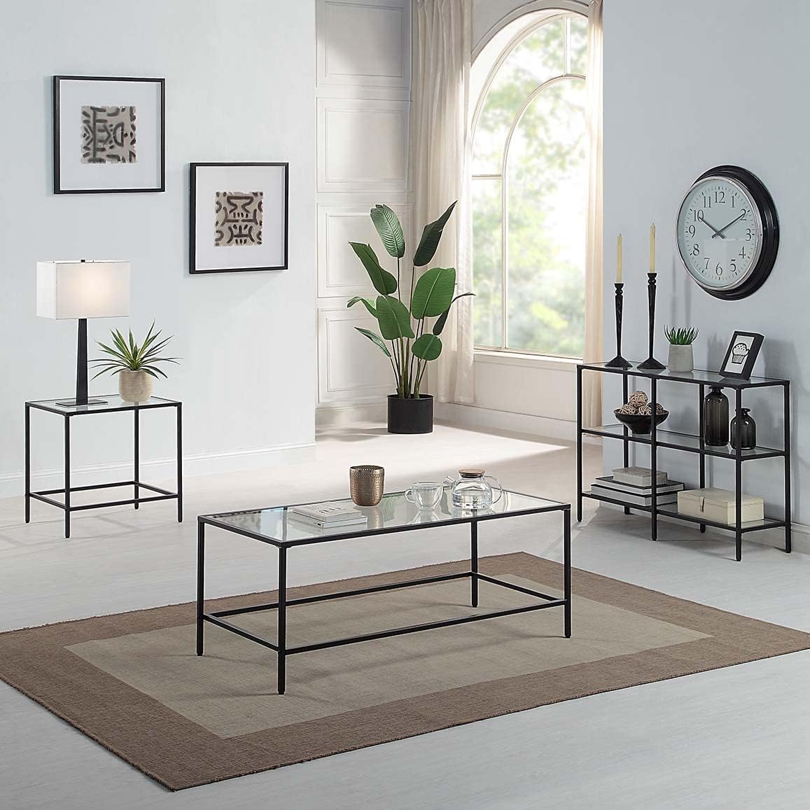 CAWS Mesa auxiliar negra de 22 pulgadas de ancho, mesa auxiliar rectangular de vidrio templado con marco de metal negro, mesa decorativa, mesita de