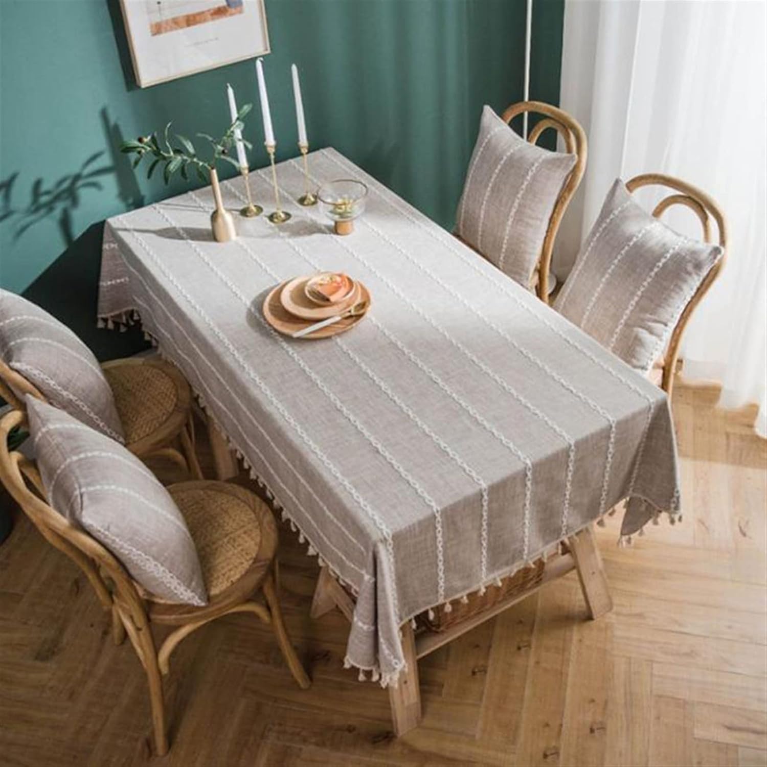 Mantel rectangular lavable de algodón y lino de algodón sin arrugas con bordado, color marrón, mantel pastoral con borla, boda, cena, picnic, mantel