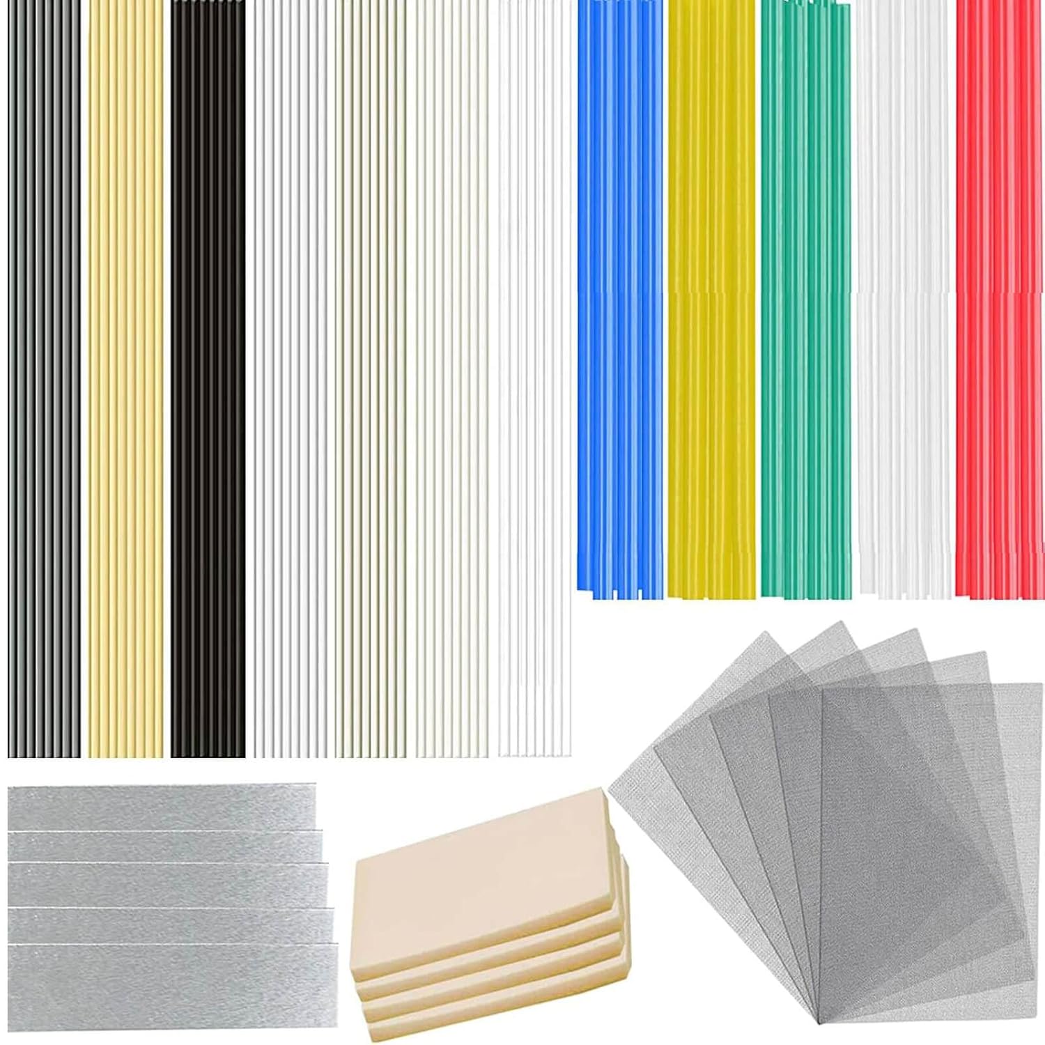 Kit de soldadura de plástico de 720 piezas, 106 varillas de soldadura de plástico, 600 grapas de soldador de plástico, 5 piezas de malla de acero