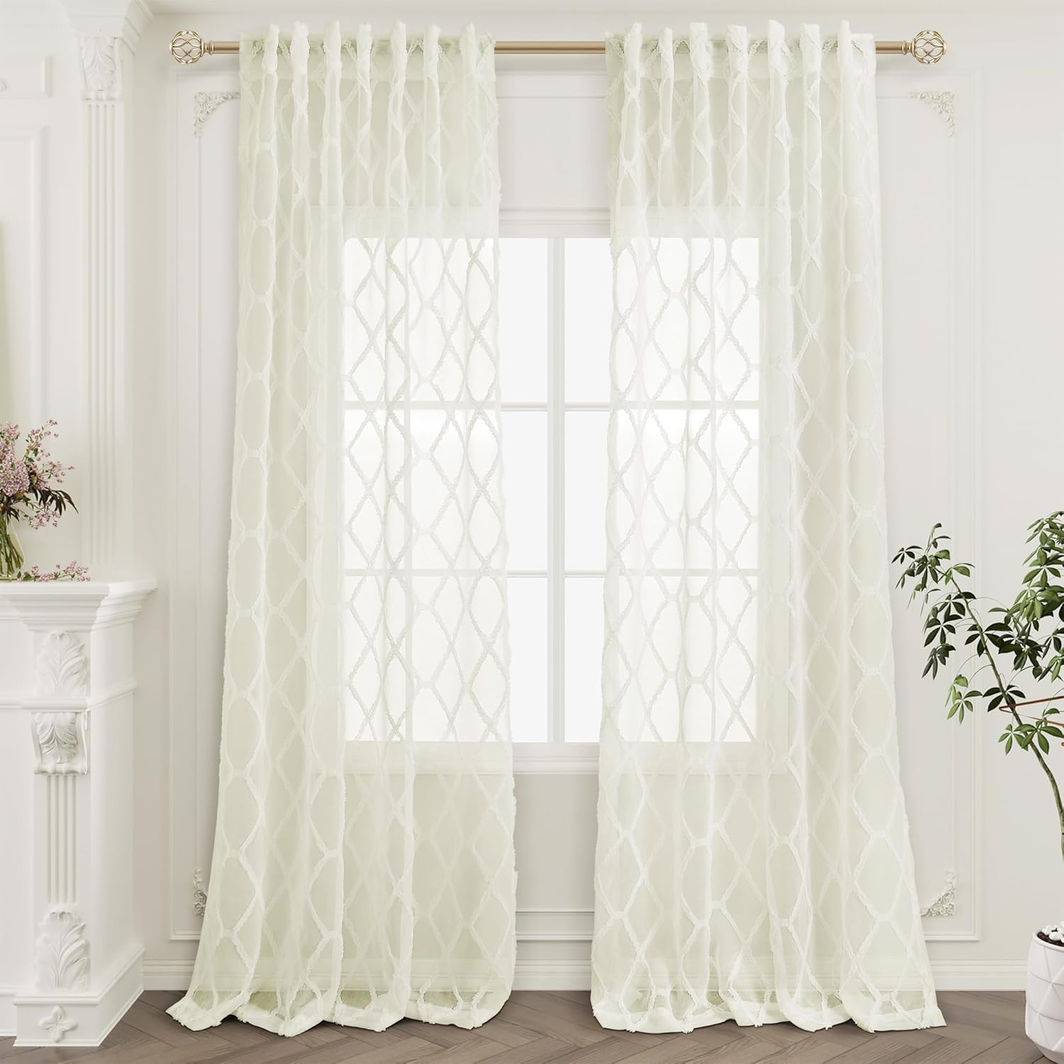 Hokibero 2 paneles de cortinas traslúcidas color crema bohemio de 90 pulgadas de largo para sala de estar, cortinas semitransparentes modernas y