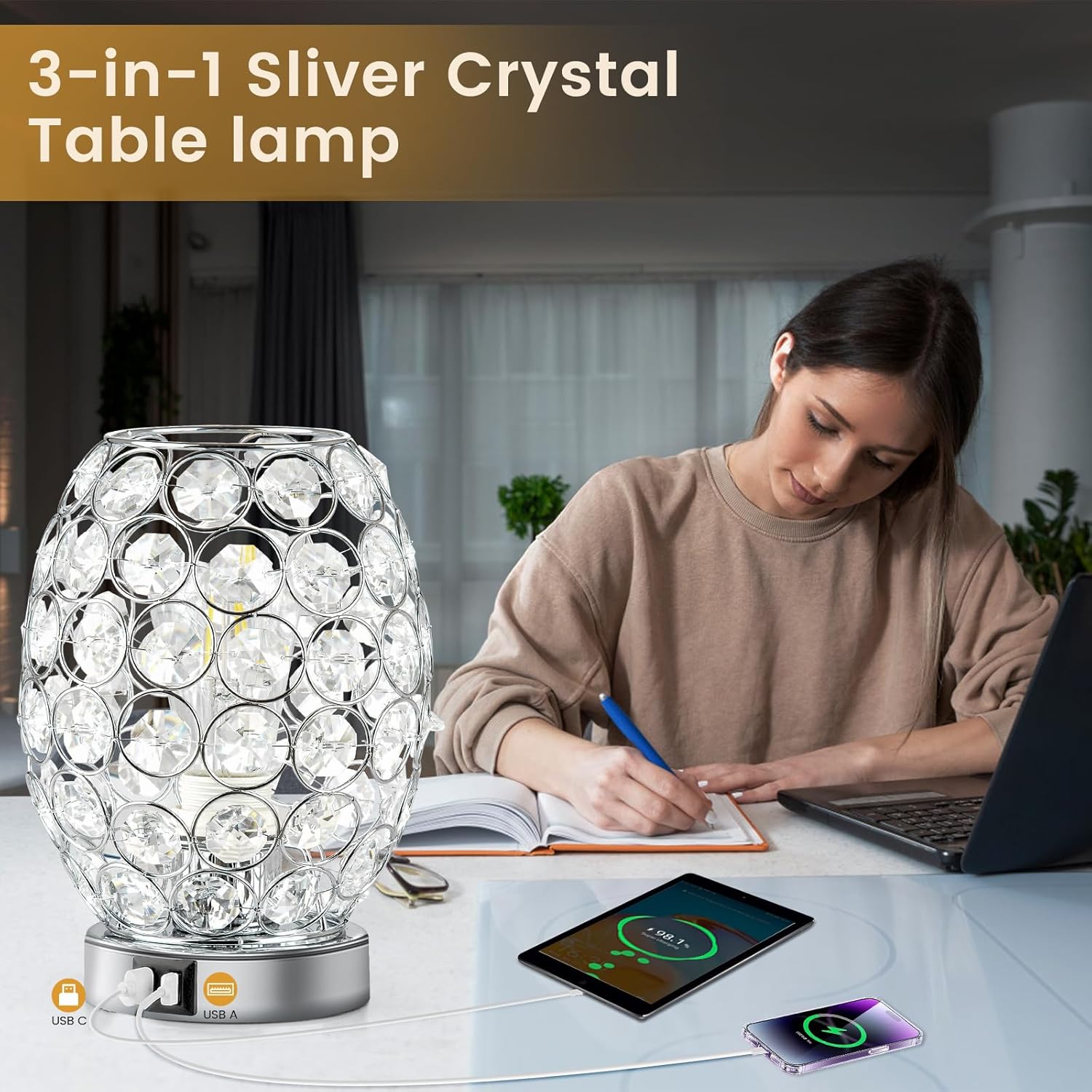 Lámpara de mesa regulable de cristal, lámpara de escritorio con control táctil con 2 puertos USB, lámparas de mesita de noche negras con pantalla de