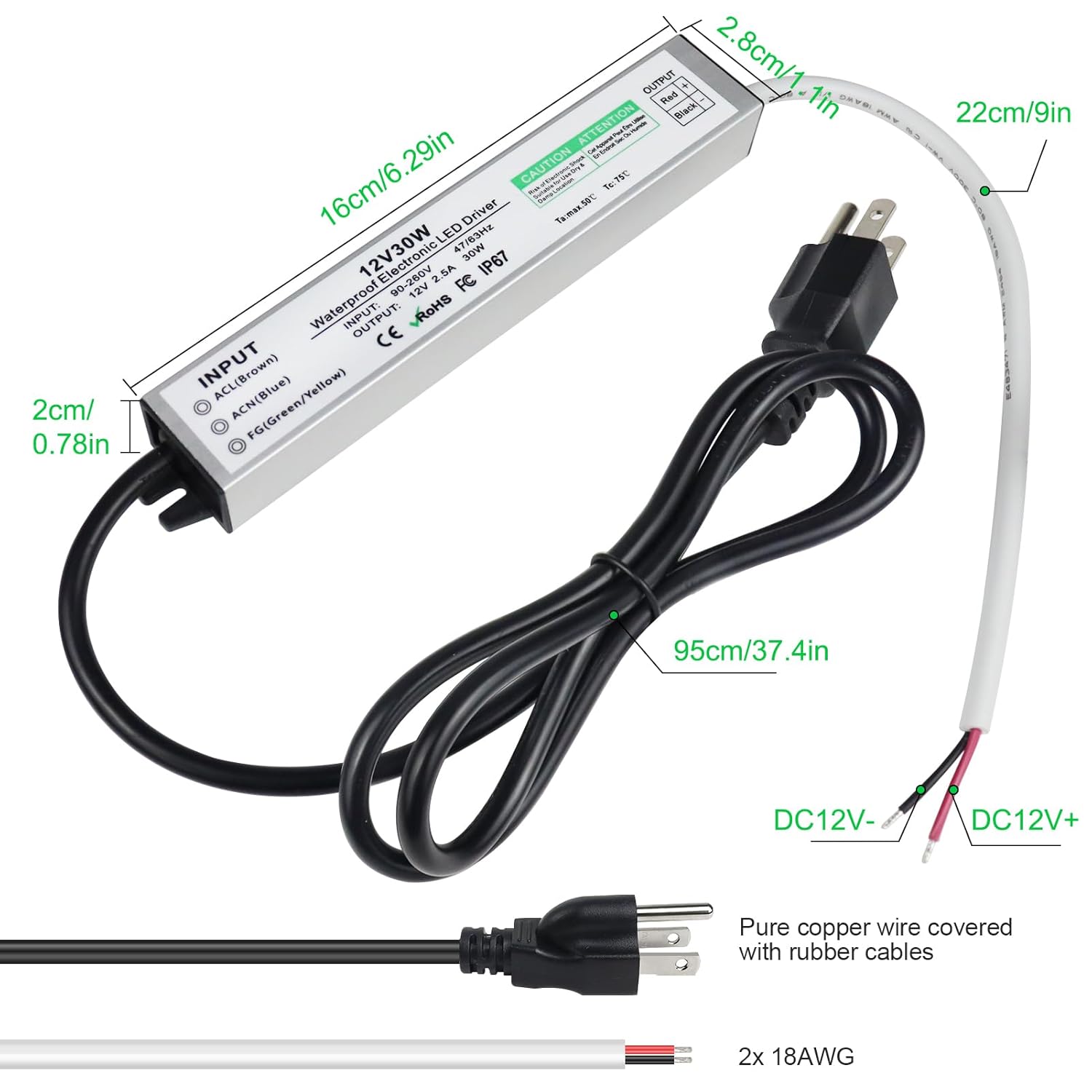 Fuente de alimentación LED de 12 V 30 W, controlador LED IP67 impermeable, transformador LED con enchufe de 3.3 pies de cable para luz LED, proyecto