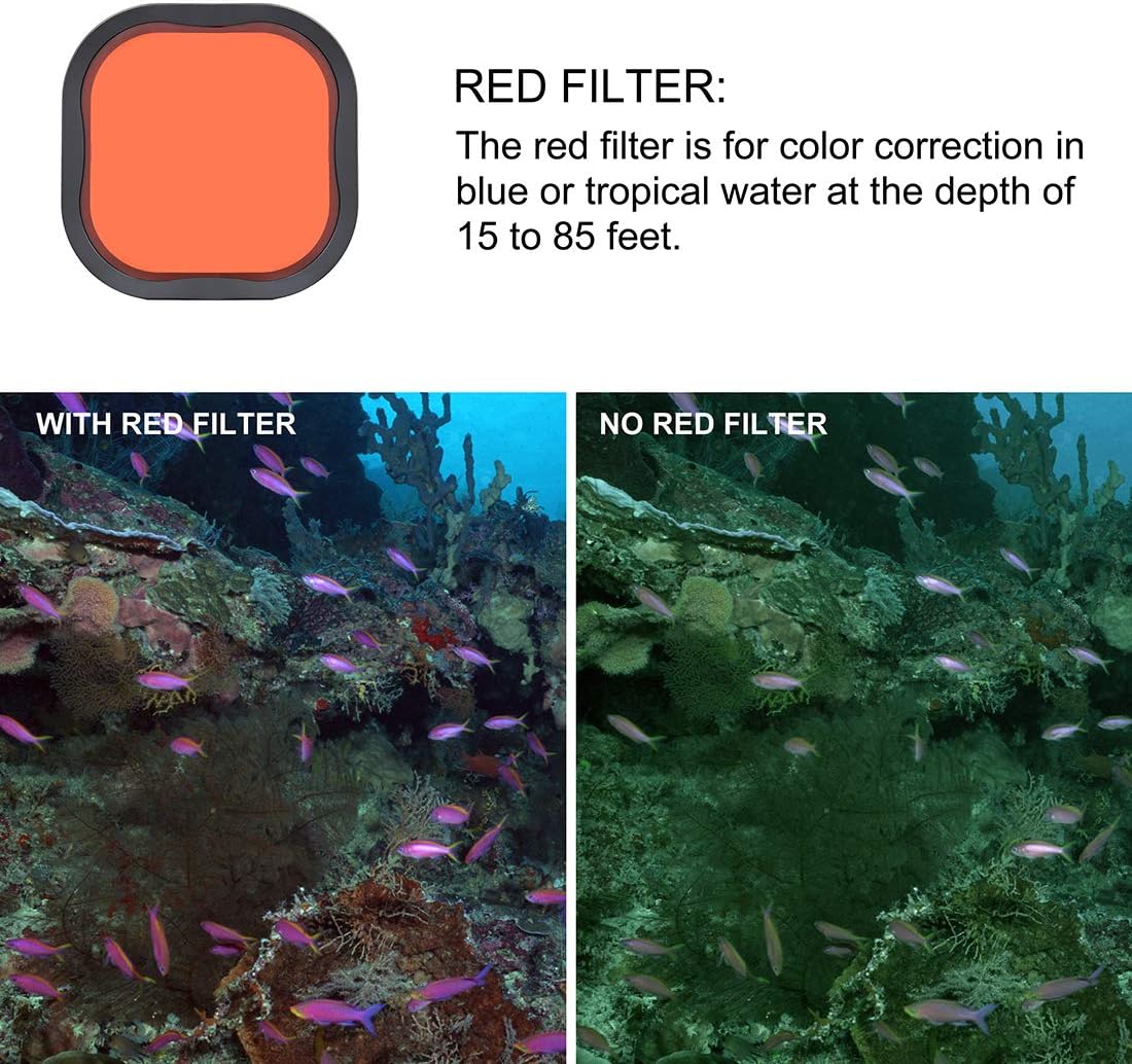 GEPULY Paquete de 3 filtros de buceo para GoPro Hero 8 9 10 11 12 carcasa oficial impermeable (rojo, rojo claro, filtros magenta)  Corrección de