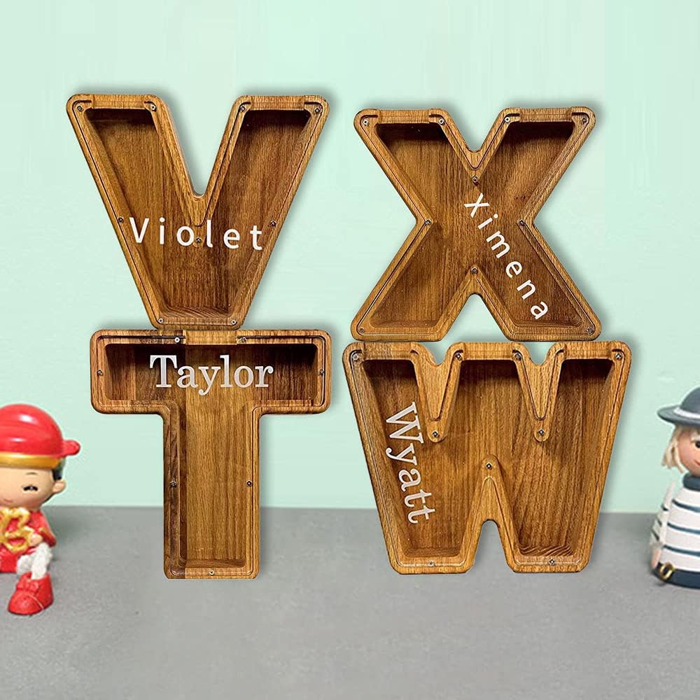 Alcancía personalizada, alcancía de madera personalizada para niños, monedero para niñas y niños, decoración de letras del alfabeto inglés de