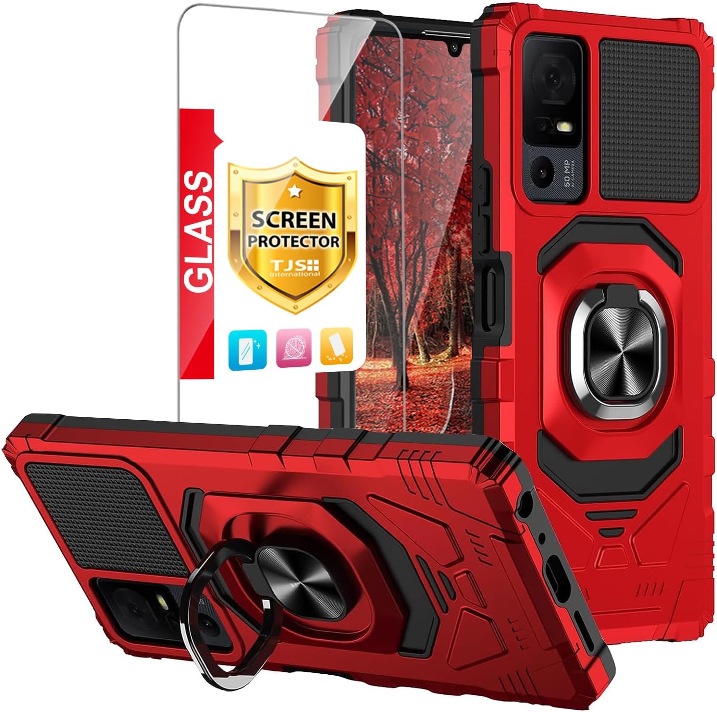 TJS Funda compatible con TCL 40 XL, TCL 40 T T608DL, Lively Jitterbug Smart4, con protector de pantalla de vidrio templado, soporte de metal