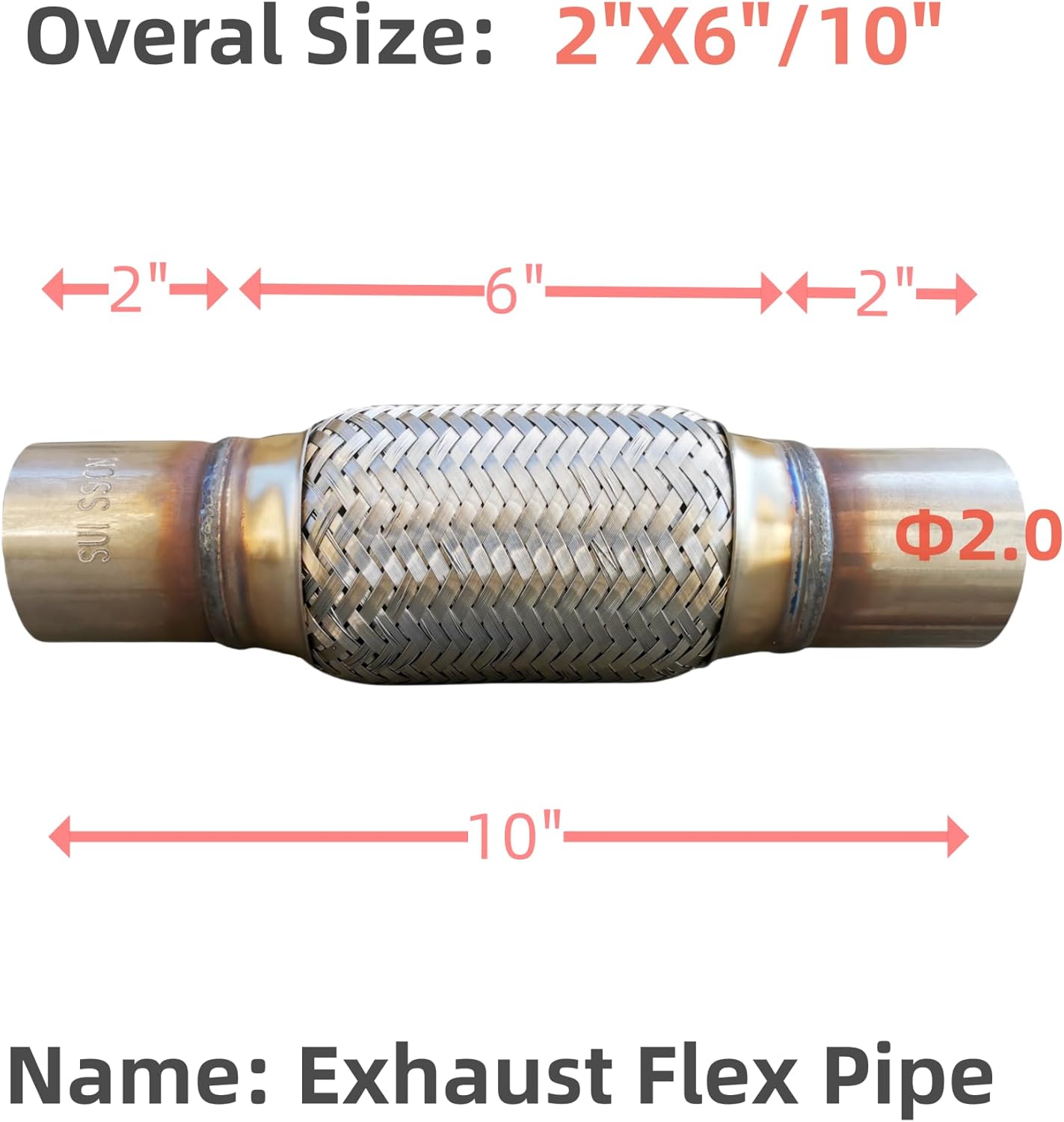 SUISSON Tubo flexible de escape 2 “X6″10” tipo universal 100% acero inoxidable para automóviles pesados