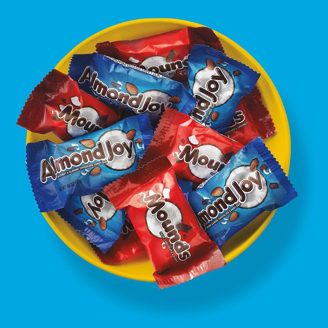 Almond Joy and Mounds – Surtido de caramelos en miniatura, barras de chocolate de coco y almendras, dulces envueltos individualmente, paquete
