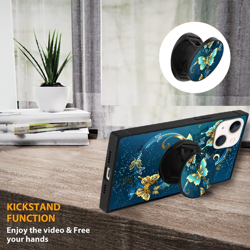 SAKUULO Funda para iPhone 15, protector de pantalla + soporte diseño cuadrado de bonito diseño de mariposa azul, protección de bordes de TPU suave,