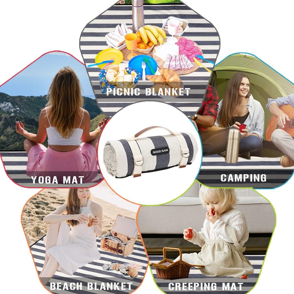 G GOOD GAIN – Manta de pícnic impermeable portátil con correa de transporte, para manta de playa o fiesta familiar al aire libre camping (doble