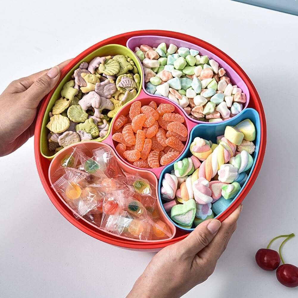 Bandeja de plástico dividida para servir 5 compartimentos, bandeja para servir aperitivos con tapa y asa, platos reutilizables para servir