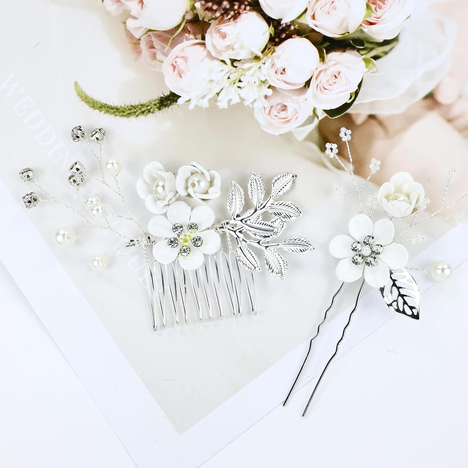 Cinaci 18 piezas de peines laterales de flores blancas con diamantes de imitación y perlas para novias, damas de honor, mujeres y niñas