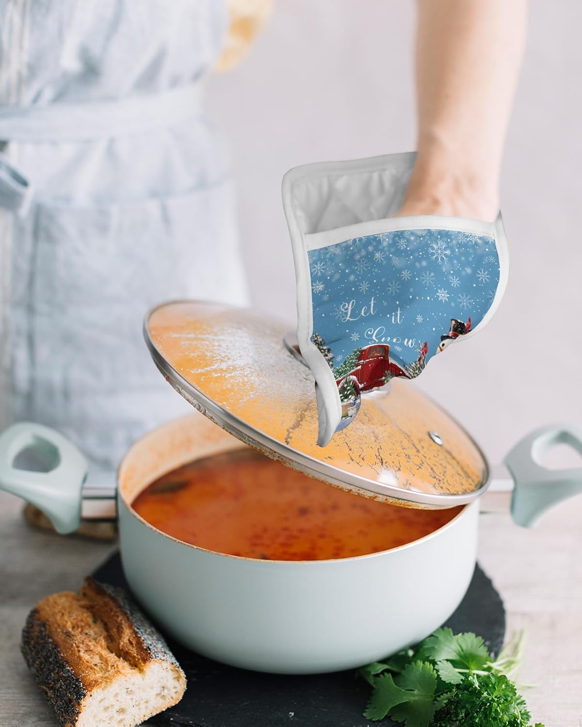 Christmas 5Pcs Pot Holders for Kitchen,Non Slip & Heat Insulation Terry Cloth Potholder Set with Pocket,Thick Hot Pad Oven Mitts Trivet Coaster for